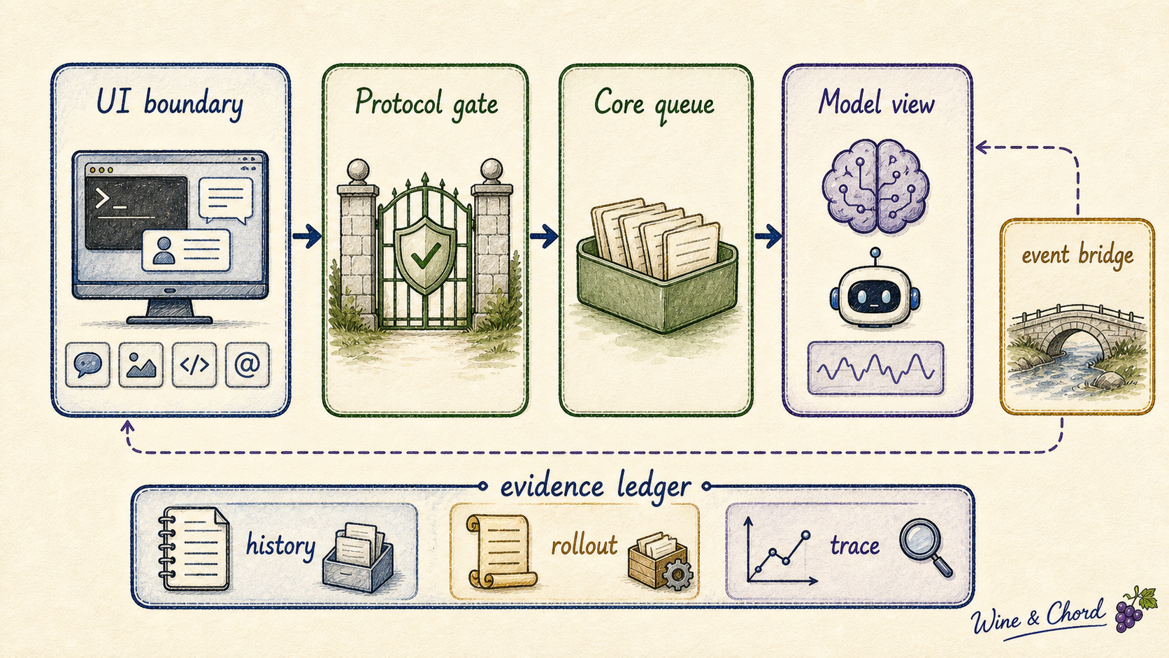 Codex turn runtime 最终诊断图:UI、protocol、core queue、model view 四条边界与 evidence ledger 帮助定位 run_turn、事件回流和 history ownership