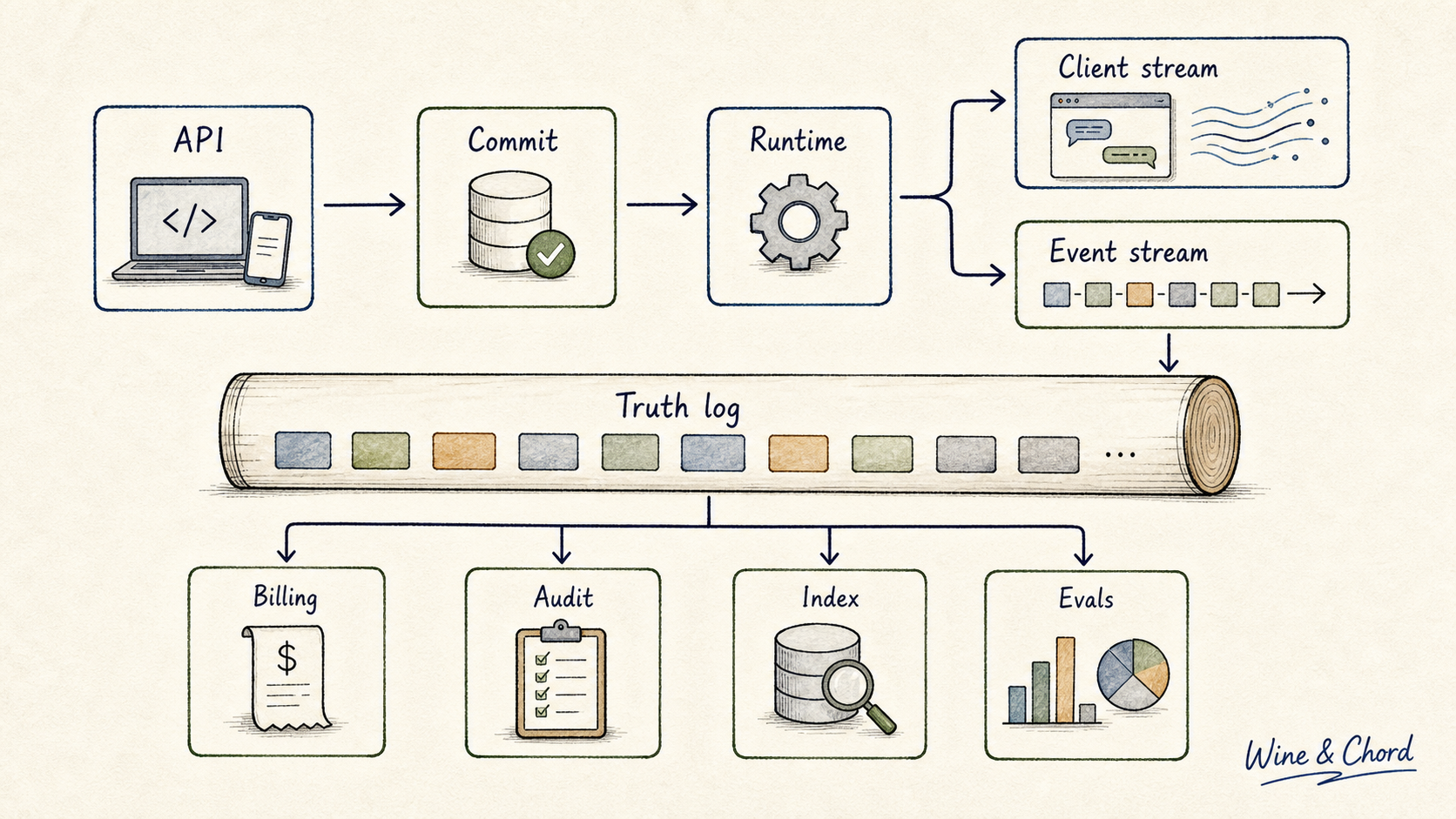 API 存储和事件流手绘图：API、Commit、Runtime、Client stream、Event stream、Billing、Audit、Index 和 Evals