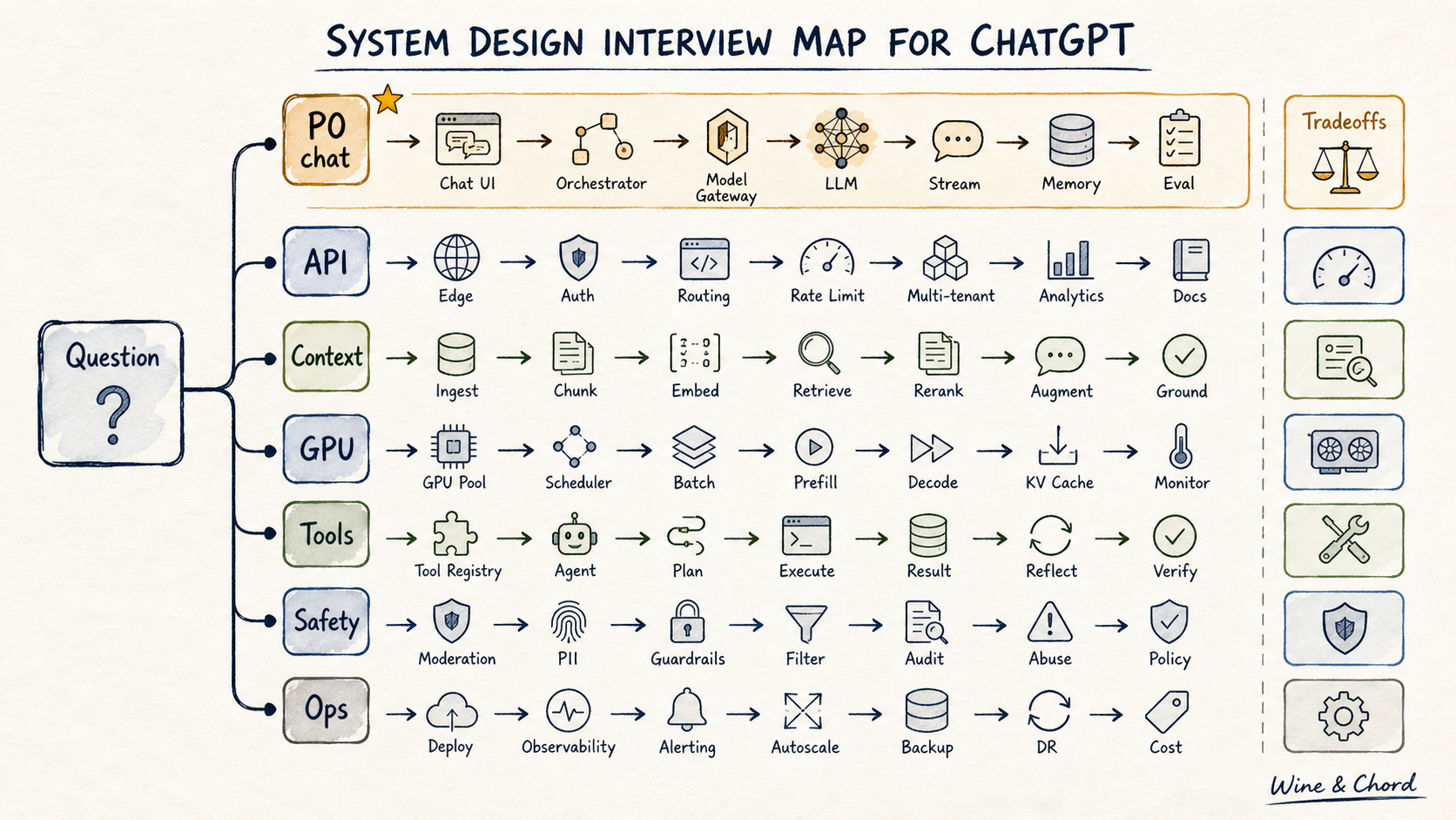 ChatGPT 系统设计面试路线手绘图：P0 chat、API、Context、GPU、Tools、Safety 和 Ops
